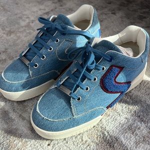 Stella McCartney Embroidered Blue Denim Logo Platform Sneakers